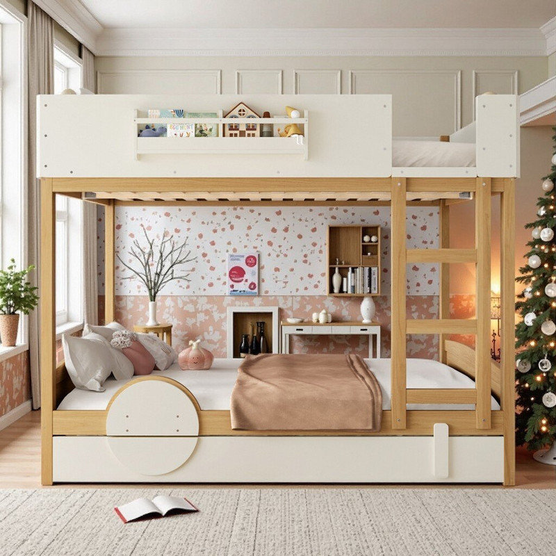 (Queen Over Queen\Full over Full)Pine Wood Kids Bunk Bed With Trundle, Bookshelf, Queen Over Queen, Natural+Beige