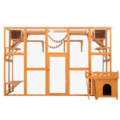 Natural Wood Outdoor Cat House: Weather Protected With 6 Platforms, 2 Bridges, Scratching Posts, Sleeping Houses & Kennel Included Wooden Shelter