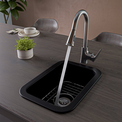 ALFI brand ABF1319UD-BM Black Matte Small 13"x19" Rectangle Fireclay Undermount or Drop In Prep Sink w Grid included