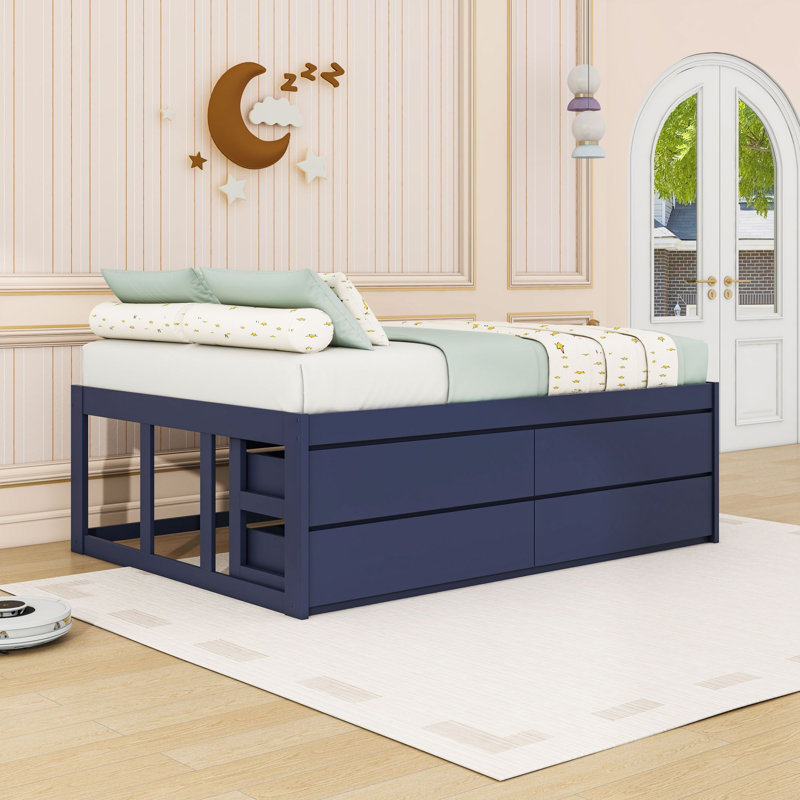 Lit plateforme en bois avec 4 tiroirs, Full, Navy Blue