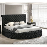 1pc Unique Round Plush Black Velvet Button-Tufted Detailing Storage Bed