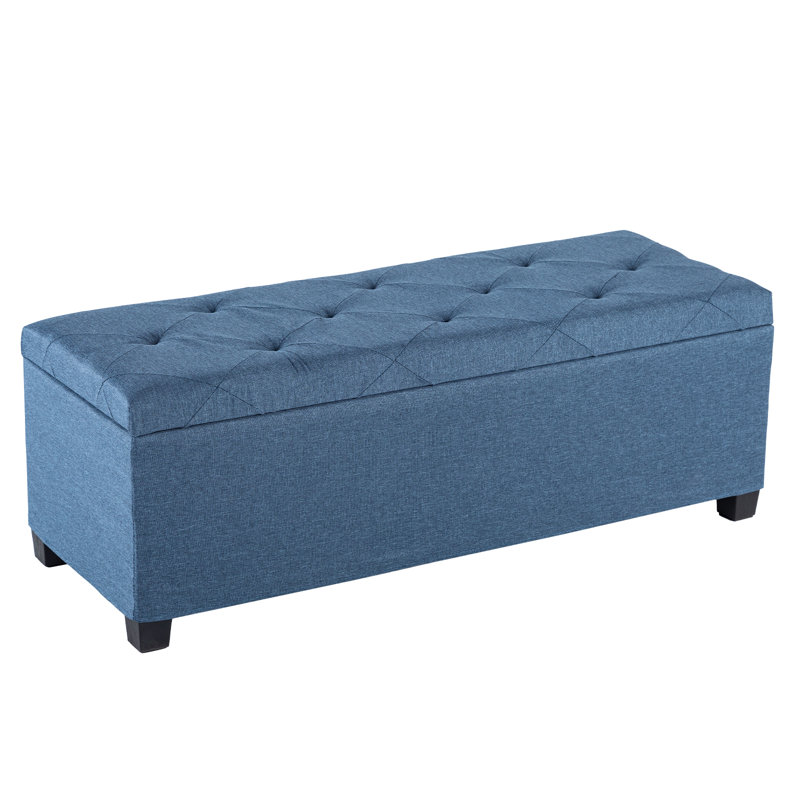 43.3" Tufted Storage Ottoman with Iron Frame, Faux Linen Bed End Bench with Metal Corner Protection, Blue