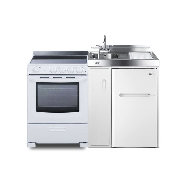 White Stainless Steel All-in-One Kitchenette with Refrigerator, Sink, and Range
