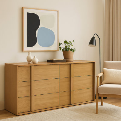 Lina 65 Inch Wide Dresser, 6 Drawers, Natural Brown Oak Veneer Frame