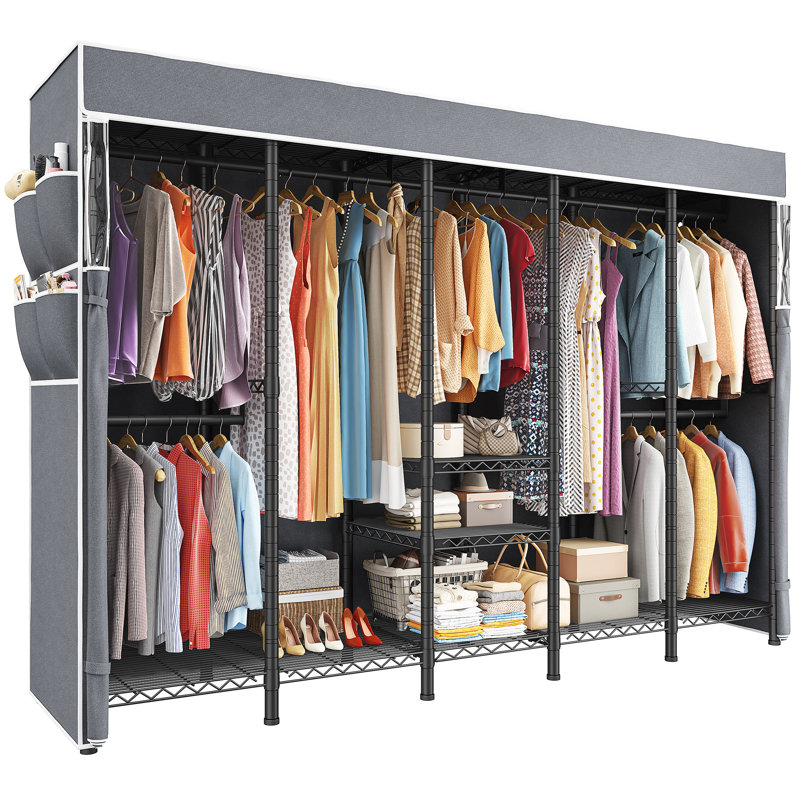 Razhane 88.2'' W Clothes Rack with Cover, Heavy-Duty Portable Wardrobe, Black