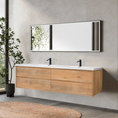 Aeris 84 Inch Double Sinks Wall-Mounted Modern Bathroom Vanity With Countertop And 4 Sliding Drawers