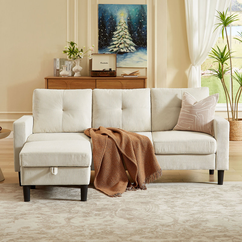 79.14" L Shaped Sofa with Storage Pockets and Reversable Storage Ottoman, Beige