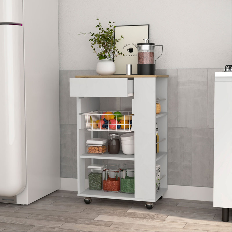 Chariot de cuisine, un tiroir, deux tablettes ouvertes, quatre roulettes, Blanc