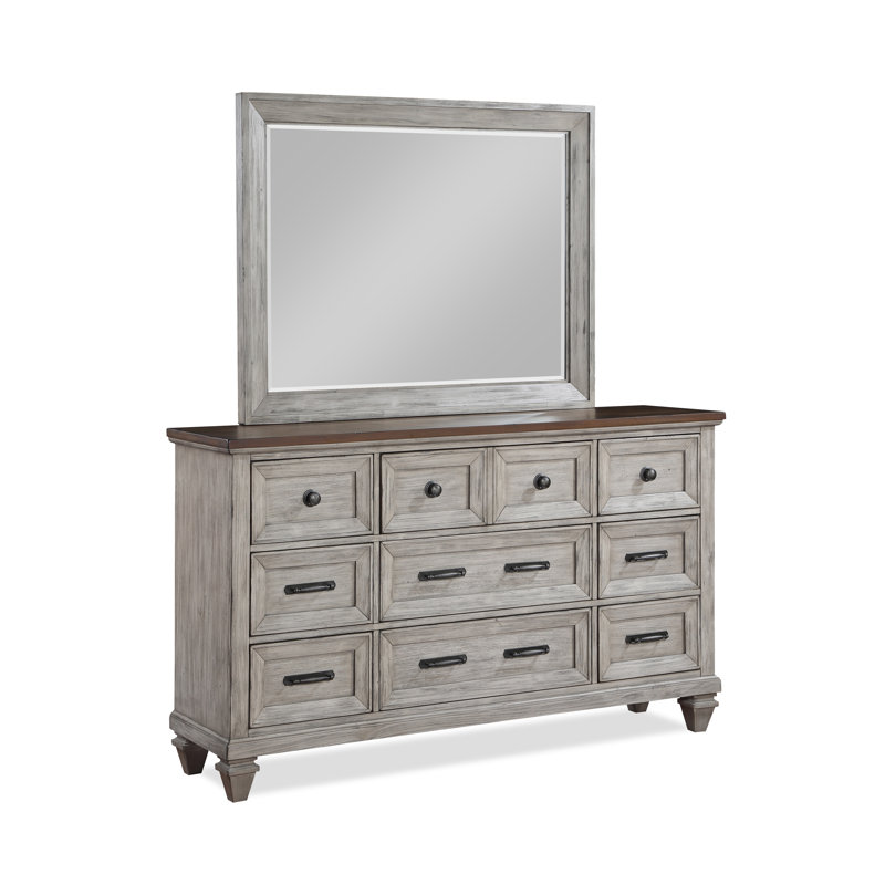 Mirabeau 9-Drawer 68" W Solid Wood Dresser with Mirror, Gray