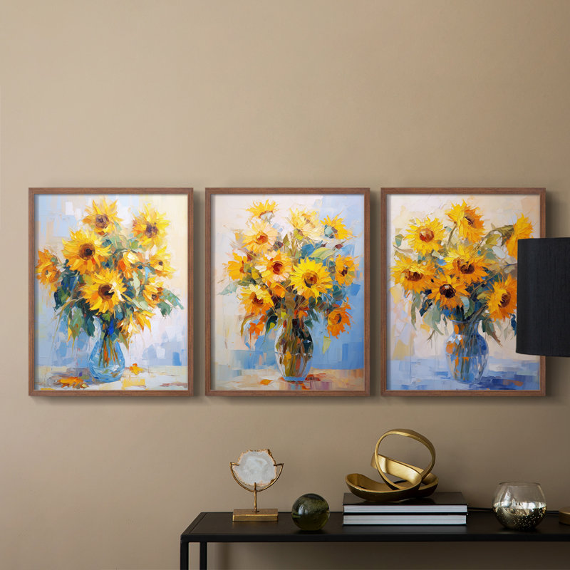 Étude florale CLVII -Set de 3 estampes giclées encadrées -Prêt à, Cadre noyer, H 20 po x l 16 po