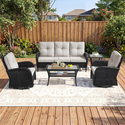 Ensemble de conversation de patio extérieur en résine tressée de 5 pièces, résistant aux intempéries, avec chaises pivotantes
