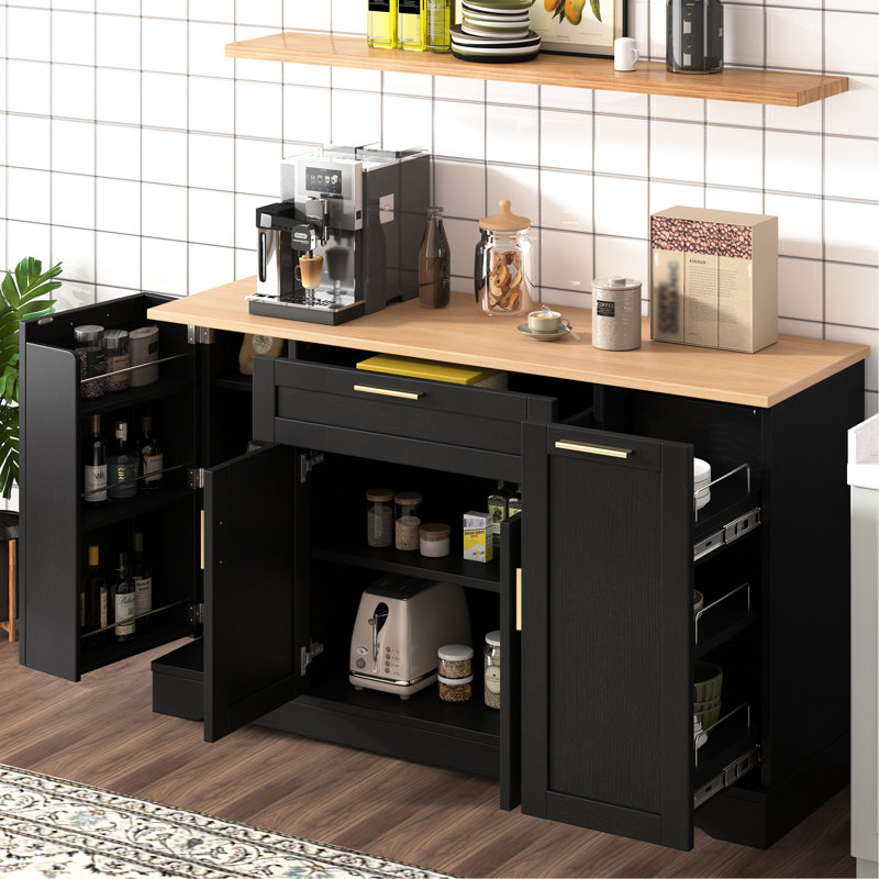 Buffet de rangement multifonctionnel noir avec support coulissant à 3 niveaux, tablettes réglables pour articles variés, structure, table de salle à manger extensible à tiroir lisse et espaces de vie inclus, noir, 180 portes