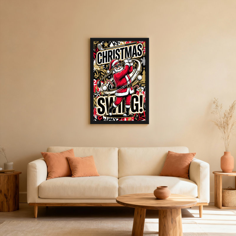 Ensemble de 1 tableau sur toile tendue représentant le père Noël jouant au golf, H 20 po x l 30 po, Noir