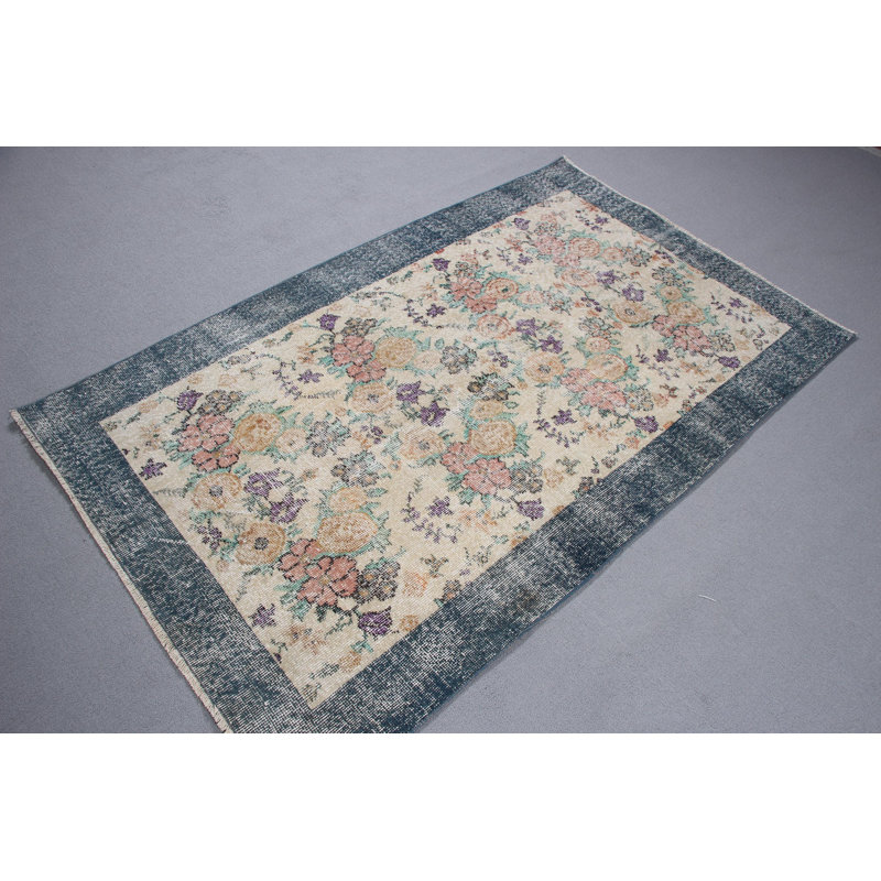 Tapis rustique à motif floral Oushak beige pour décoration de chambre avec éléments de design rétro turc et anatolien taille 4 x 6
