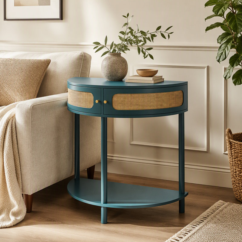 Table de bout unique en demi-lune avec porte coulissante en rotin, console élégante en demi-cercle avec 2 armoires de rangement en rotin et tablette inférieure pour le salon, la chambre à coucher, le bureau, le couloir (vert)