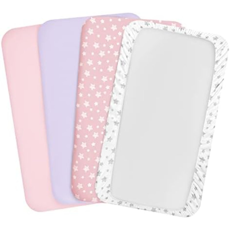 Pack And Play Sheets Girl, lot de 4 mini draps pour lit de bébé, drap-housse extensible Pack N Play Playard, compatible avec Graco Pack N Play, matériau doux et respirant, rose