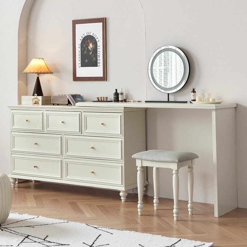Coiffeuse de maquillage moderne avec miroir, tiroirs, Blanc