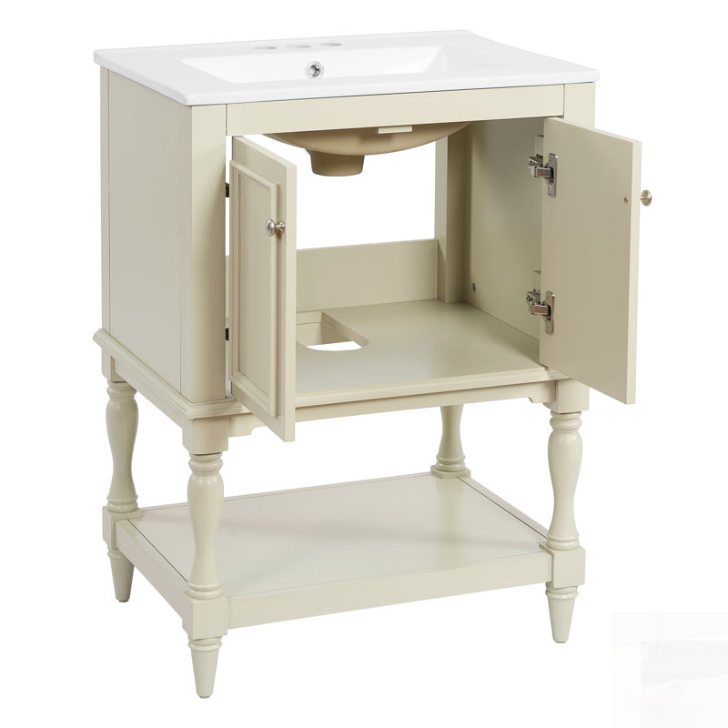 Meuble-lavabo de luxe moderne avec lavabo en céramique, tablette ouverte et rangement fermé pour un design élégant et fonctionnel