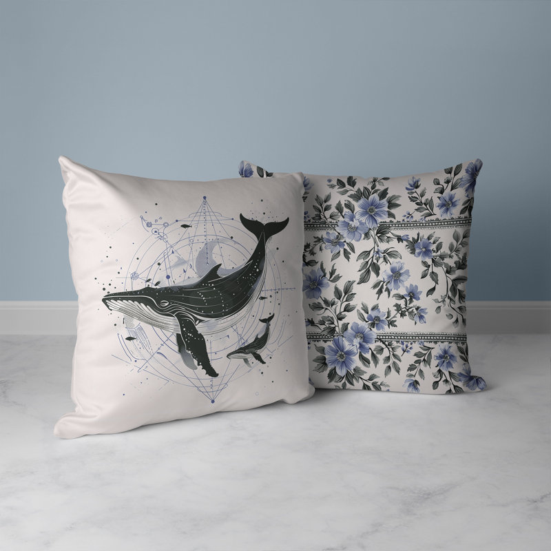 Coussin décoratif intérieur / extérieur Whale and Petals Tales, 16"H x 16"W, Bleu / vert