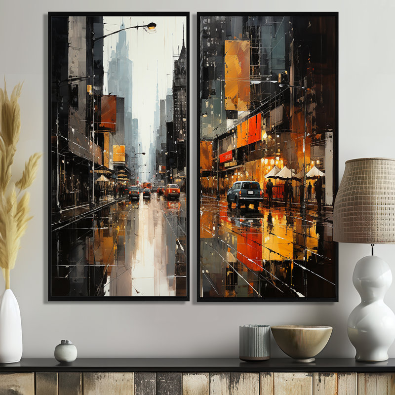 Cityscape Collage V - ensemble d'art mural sur toile jaune 2 pièces, H 40 po x l 40 po, Noir, Impression encadrée flottante