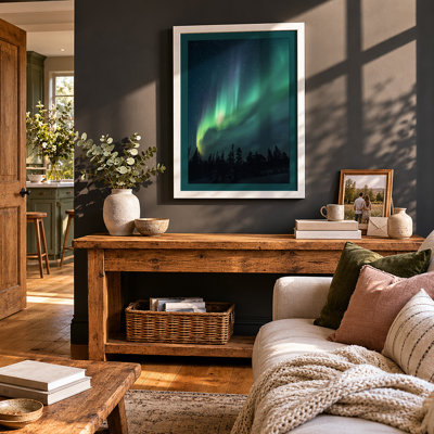 Aurora Over Silent Forest Scandinavian - Framed Print