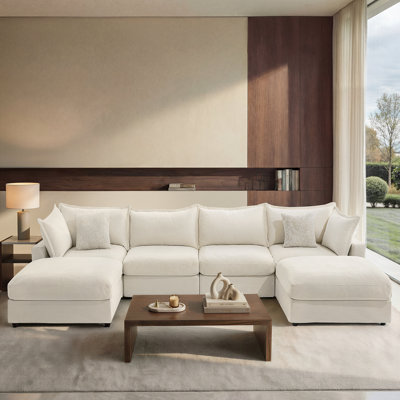 158" U-Shaped Down Filled Modular Sectional Sofa With 2 Storage Ottomans, Beige