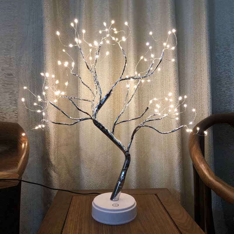 36LED USB Night Light Artificial Pearl Ball Copper Wire Tree Branch Night Light Decorative Table Lamp, Silver