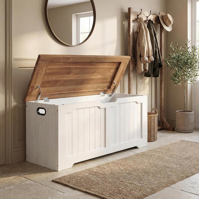 39.4" Farmhouse Storage Bench with 2 Safety Hinges, Wooden Storage Chest for Entryway, Bedroom, Living Room, White
