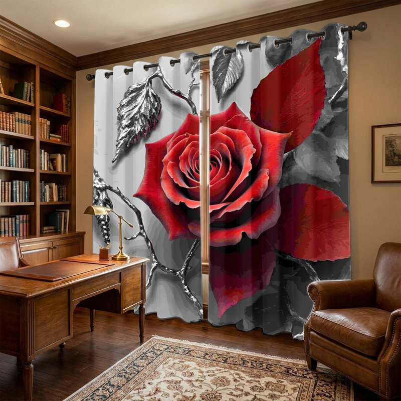 2 pièces de rideaux à imprimé de roses rouges et de feuilles d'argent, rideaux à oeillets à motif floral romantique, habillage de fenêtre à thème botanique artistique pour le décor de la chambre à coucher