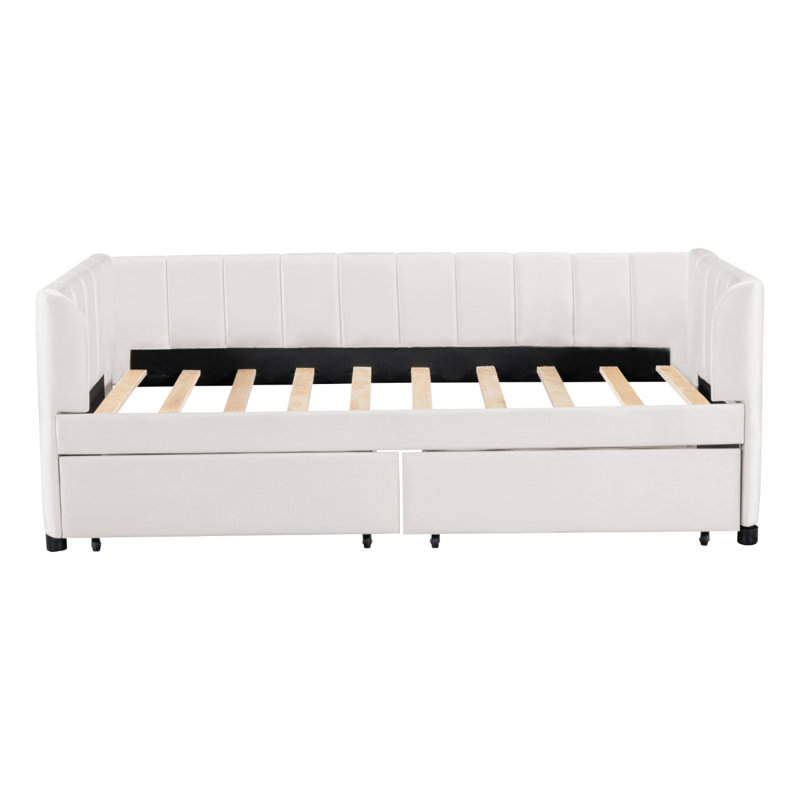 Upholstered Daybed With Ergonomic Design Backrest And 2 Drawers, Beige
