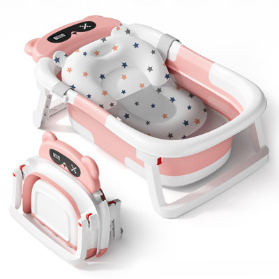 Collapsible Baby Bathtub, Portable Travel Baby Tub for Newborn to Toddler (0-36 Months) with Thermometer, Soft Cushion, Detachable Stand