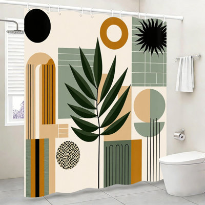 Boho Geometric Palm Leaf Studio Bath Furnishing Shower Curtain, Ochre 72" x 72 inch