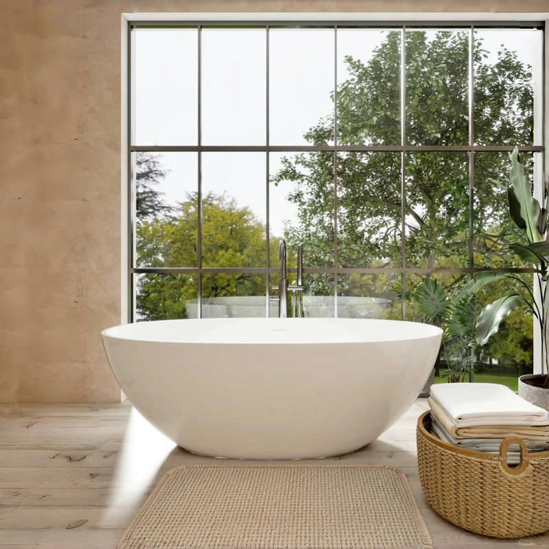 Baignoire autoportante en résine de 65 po, blanc brillant, baignoire immersive de style spa, bonde centrale avec bonde à surface solide, eau de grande capacité, arche lombaire ergonomique