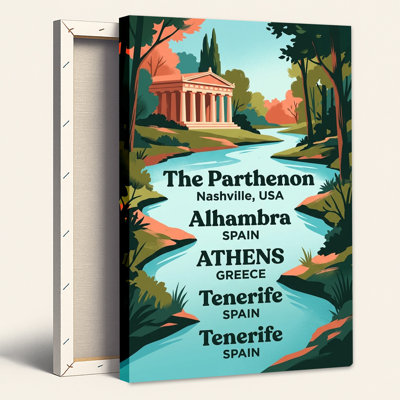 Retro Style Greek Temple by River Canvas Wall Art