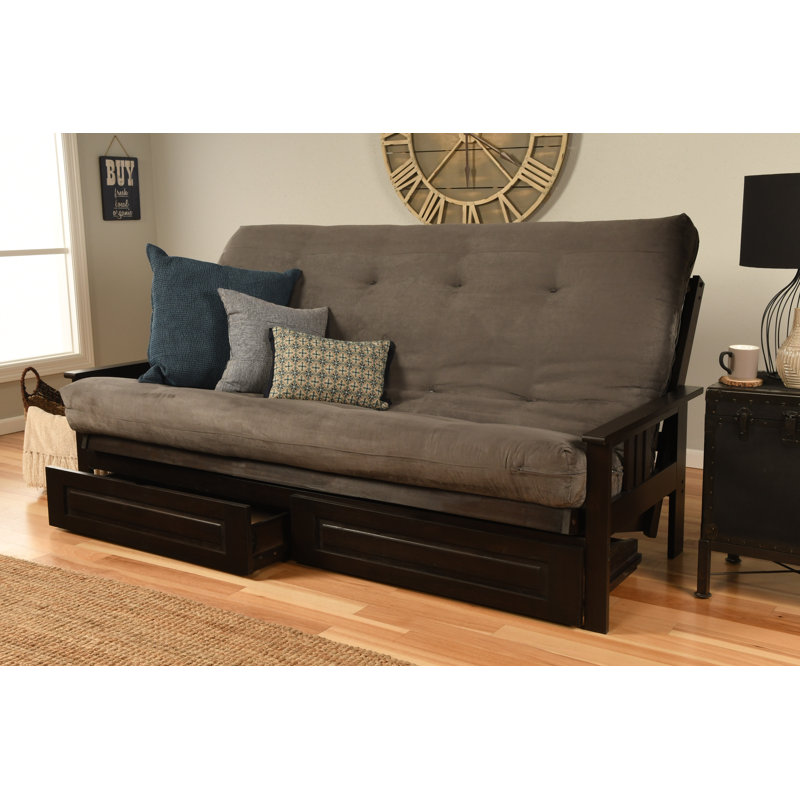 Stratford 86" Queen Futon and Mattress with Drawer set, Espresso, Linen Stone, Premium Pocket Coil