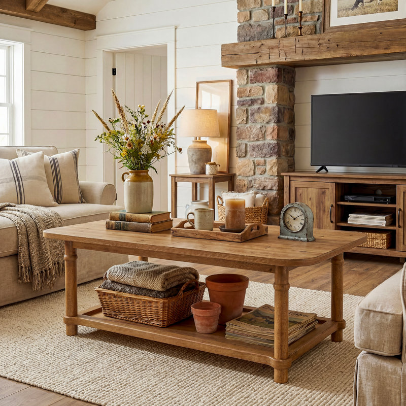 47" Solid Wood Coffee Table, Modern Farmhous Center Table with 2-Tier Storage, Light Brown