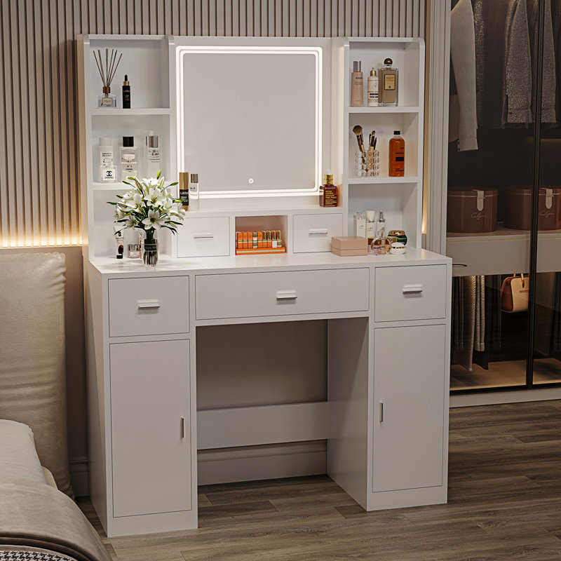 La coiffeuse avec miroir à DEL est équipée d'un support pour sèche-cheveux, Blanc