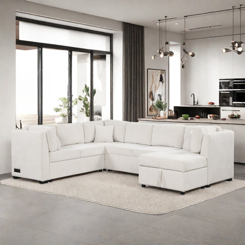 U-shaped Sectional Pull Out Sofa Bed With Two Usb Ports, Two Power Sockets, Three Back Pillows And A Storage Chaise