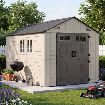 Abri de jardin en résine de 2,4 m de large x 3,7 m de profondeur, avec plancher renforcé et structure en acier.