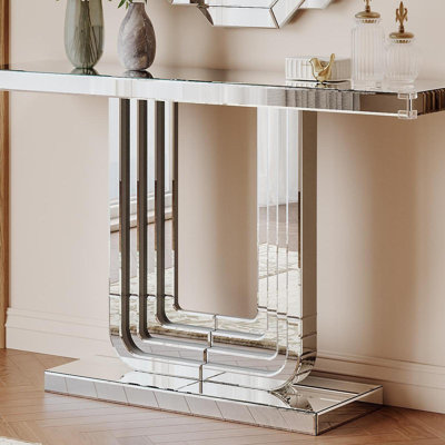 Mirrored Console Table, Silver Entryway Table With U Base & Hand-Spliced Line Design For Living Room, Hallway, Foyer, 47 Inch