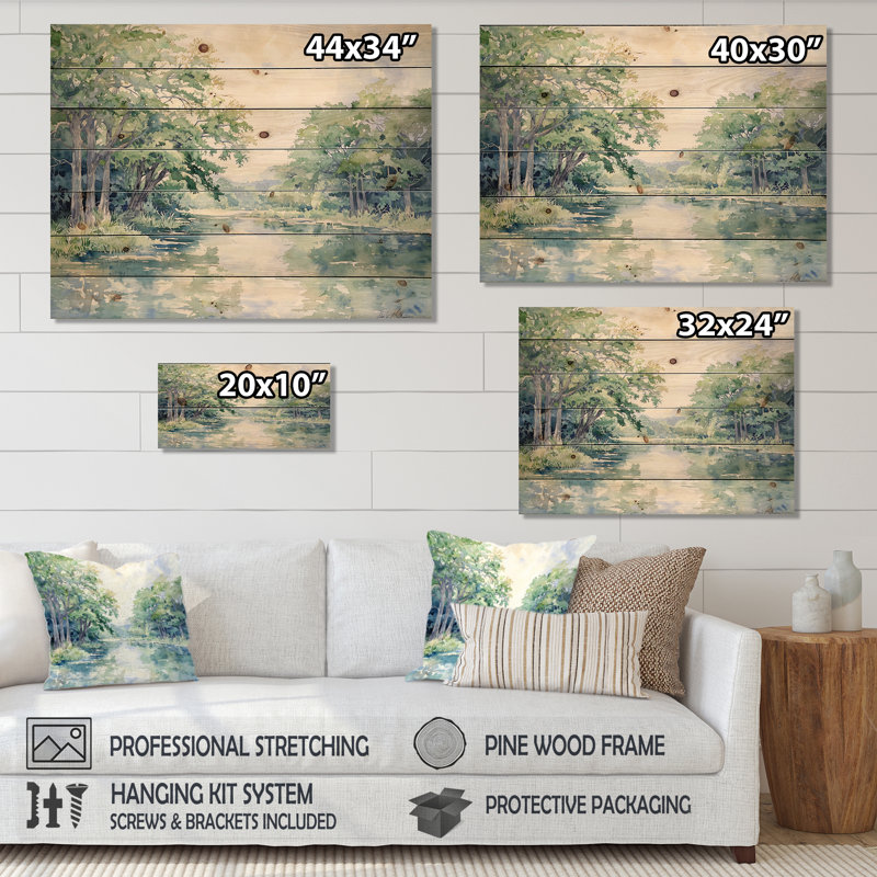 Rivière Guadalupe au Texas I - Paysage moderne, art mural sur bois de pin naturel, H 24 po x l 32 po
