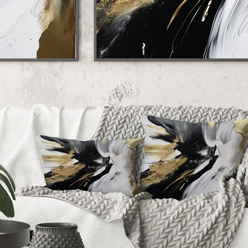 Organic Bliss Minimalisme, peinture dorée et noire - peinture abstraite, coussin décoratif