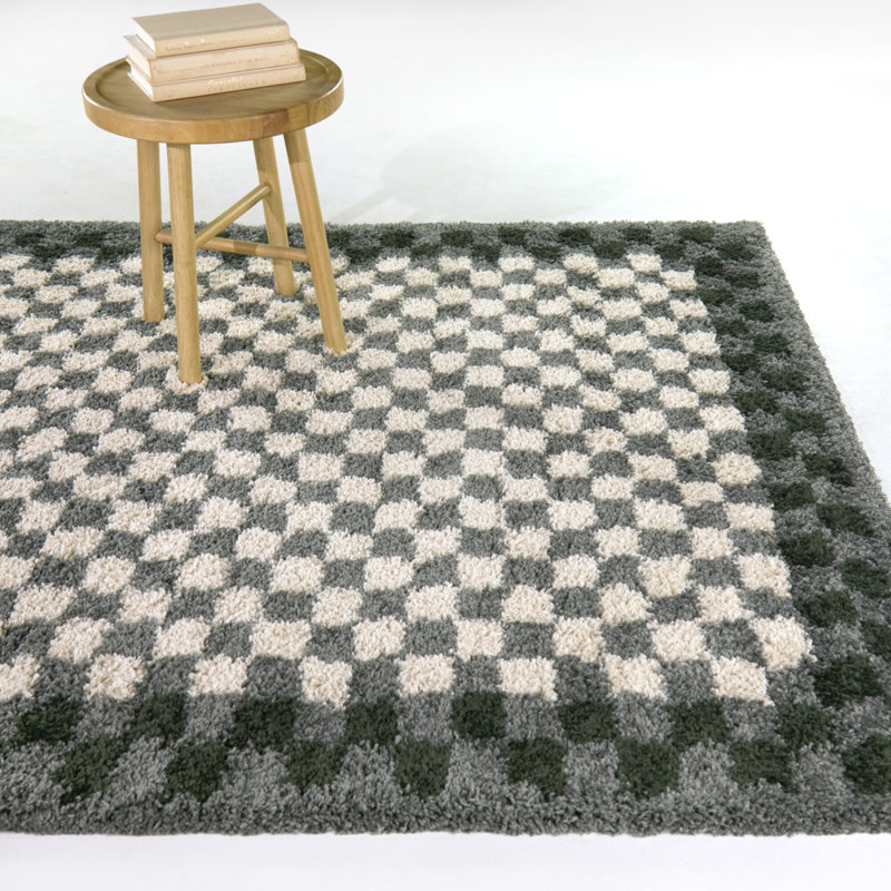 Wingate Grey/Green Checkered Shag Area Rug, Rectangle 7'10" x 10'