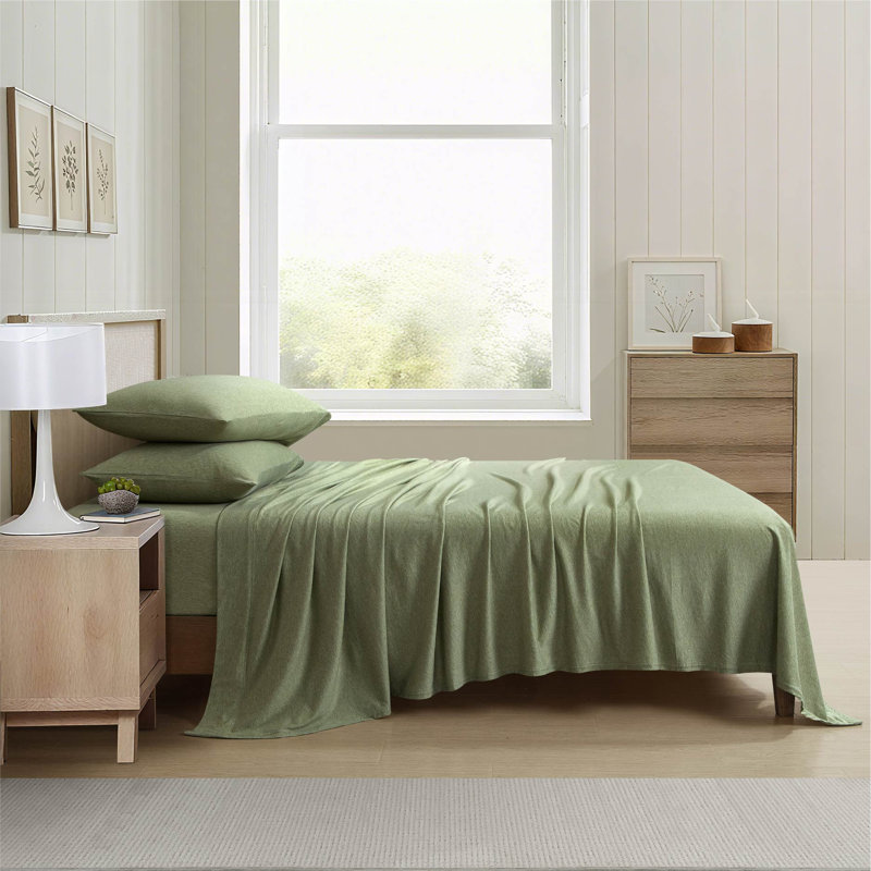 Aeropostale Cotton-Rich Heathered Jersey 4 Piece Sheet Set – Soft T-Shirt Feel, Heathered Green, Full, Green