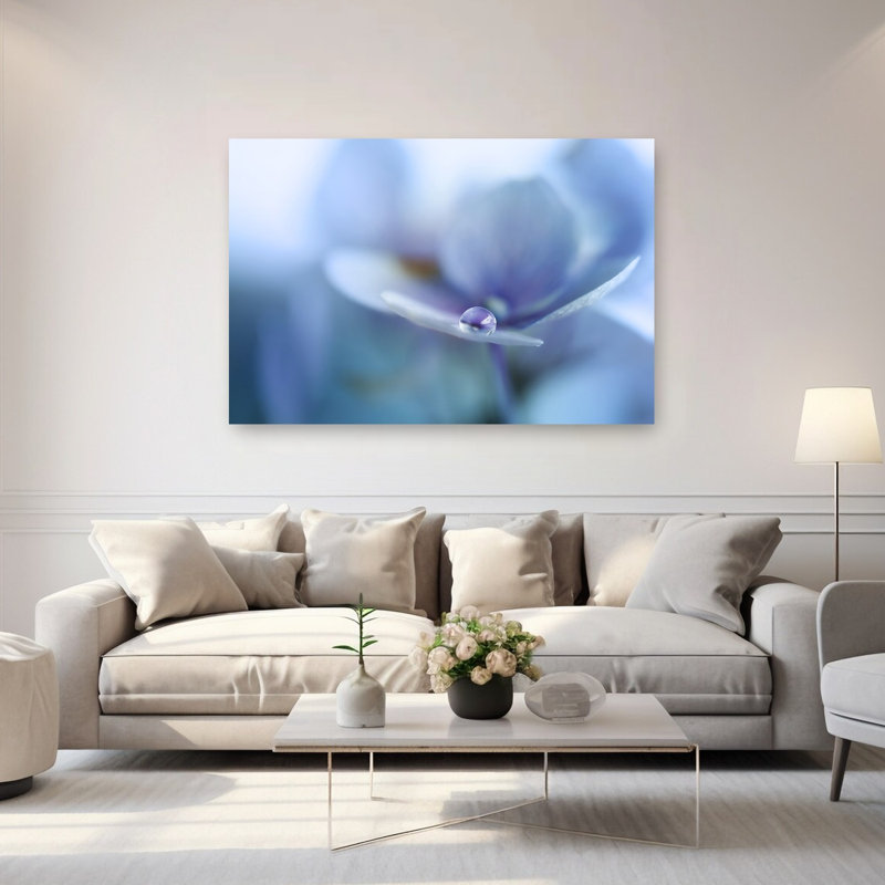 Blue Petal Droplet Delicate Peaceful Serene Flower Nature Wall Art Print by Ellen van Deelen - 1 Piece Wrapped Canvas Wall Art