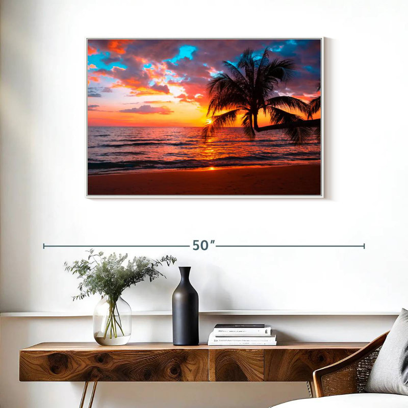 Coucher de soleil sur l'île, Cadre flottant blanc, 37 po x 25 po
