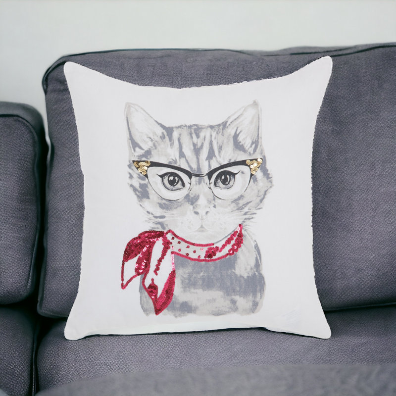 18" White and Red Embroidered Cotton Throw Pillow