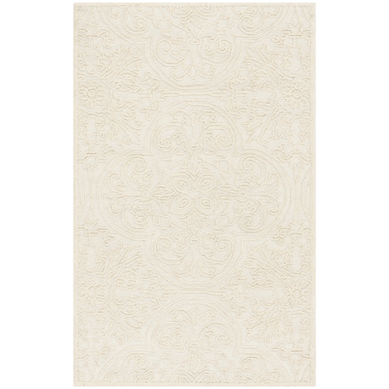 Marys Trace Hand Tufted Wool And Cotton With Latex Floral Rug, Rectangle 9' x 12', Ivory