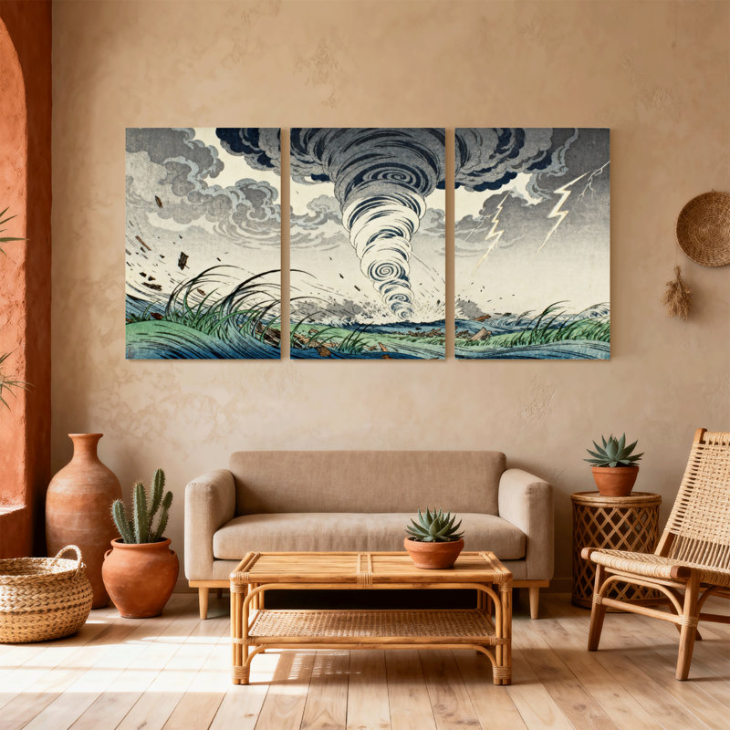 Tornade orage ciel eau nuage d'herbes, reflet de la foudre, ensemble de 3 impressions d'art sur toile, H 30 po x l 60 po