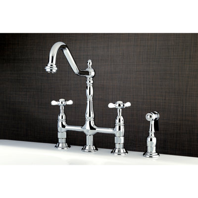 Kingston Brass Bel-Air Two-Handle 4-Hole Deck Mount Bridge Kitchen Faucet with Brass Side Sprayer